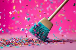 A vibrant broom with colorful bristles sweeping scattered confetti on a pastel pink background A vibrant broom with colorful bristles sweeping scattered confetti on a pastel pink background